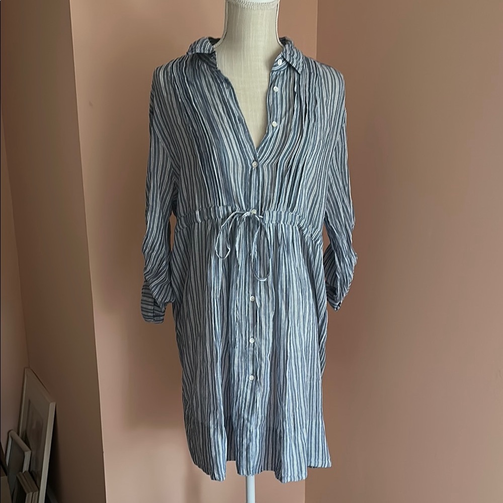 Blue & White Striped Button-Up Coverup Dress Coastal Grandma Beach Vacation Pool